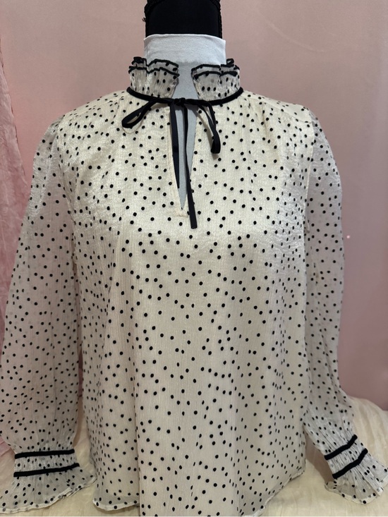 LOFT Tops - LOFT Cream Blouse with Black Polka Dots and Ruffle Tie-Neck